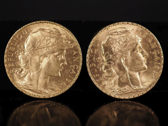 Vente aux enchères Deux pièces de 20 Francs or, 1901 et 1909.  FRAIS ACHETEURS 10% HT.   