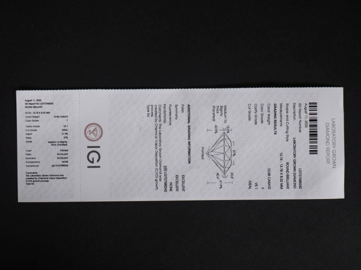 Diamant de laboratoire de 10,08 cts - F - VS 1  avec son certificat "I