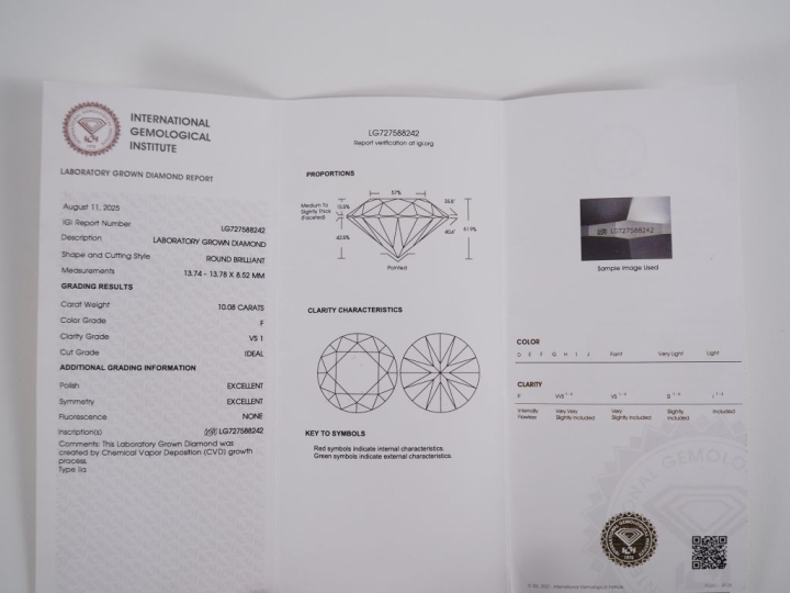 Diamant de laboratoire de 10,08 cts - F - VS 1  avec son certificat "I