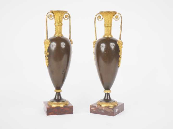 Paire de vases balustre XIXème de style Empire en bronze patiné et dor