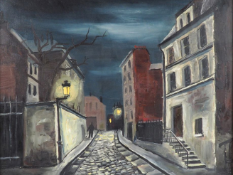 Vente aux enchères GREMIN.  "rue nocturne" Huile sur toile, signée en bas à droite et dat