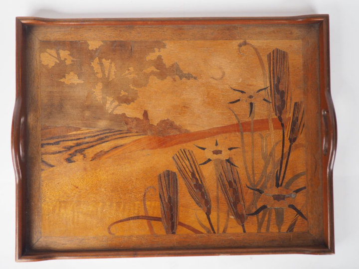 A. BIJON à Toulouse. Plateau Art Nouveau en marqueterie à décor de ros