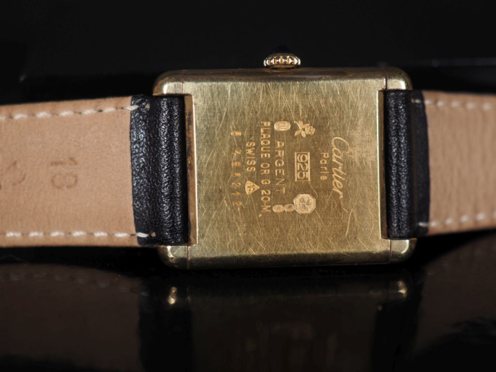 CARTIER, Must Montre bracelet en argent 925 plaqué or.  Boitier rectan