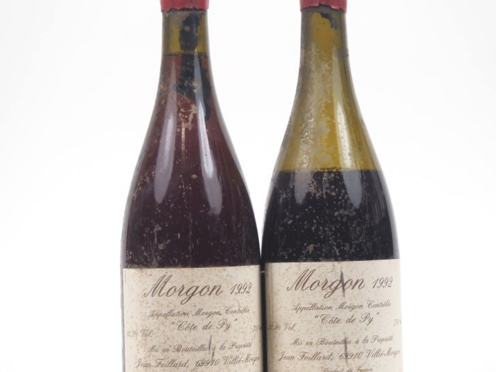 2 BOUTEILLES MORGON  "COTE DE PY" J. FOILLARD - 1992 - 1 VIDANGE/ETS/B