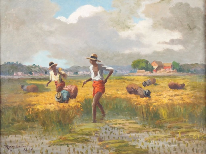 Jean RAMBININTSOA. "les moissons" Huile sur toile, signée en bas à gau