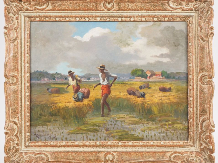 Jean RAMBININTSOA. "les moissons" Huile sur toile, signée en bas à gau