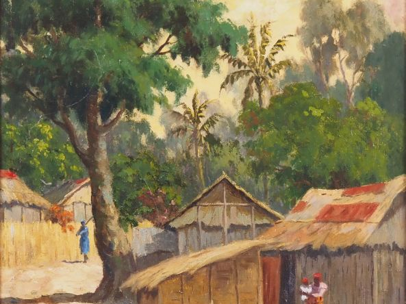 Jean RAMBININTSOA. "village animé à Madagascar" Huile sur paneau d'iso