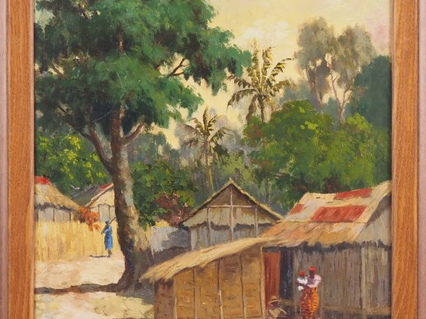 Jean RAMBININTSOA. "village animé à Madagascar" Huile sur paneau d'iso