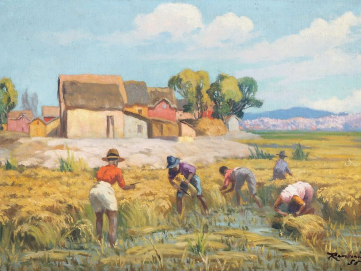 Jean RAMBININTSOA.  "les moissons à Madagascar" Huile sur isorel, sign