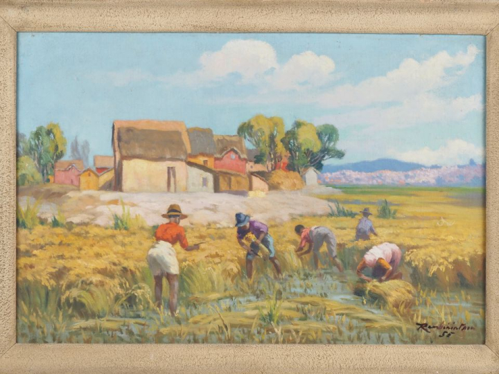 Jean RAMBININTSOA.  "les moissons à Madagascar" Huile sur isorel, sign