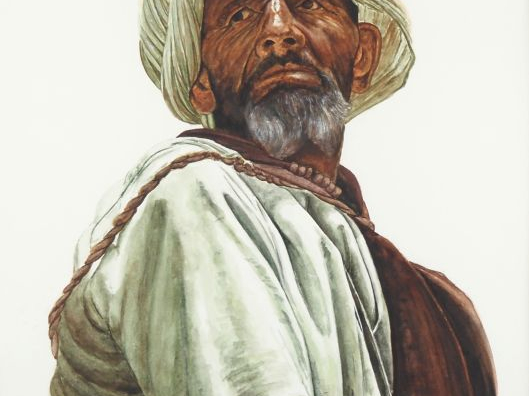 Benjamin DERRY.  "portrait d'homme au turban" Aquarelle, signée en bas