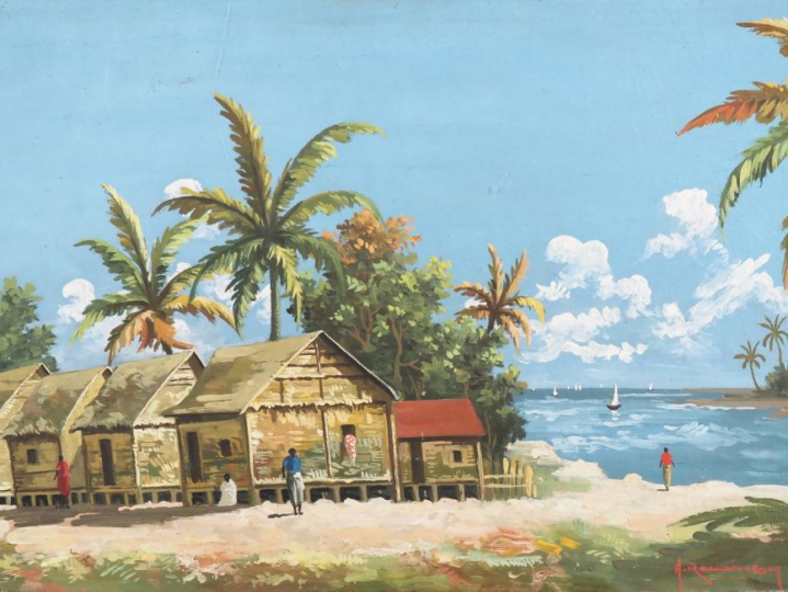 Albert RANAIVOSON. "Cases animées au bord de l'océan indien" Huile sur