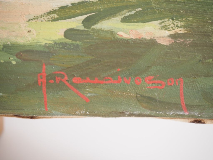 Albert RANAIVOSON. "Cases animées au bord de l'océan indien" Huile sur