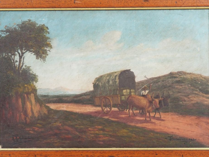 Ecole malgache début XXème.  "charrette couverte trainée par des bœufs