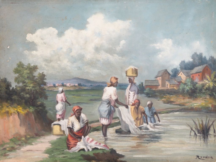 RANDRIA "lavandières malgaches" Huile sur toile, signée en bas à droit