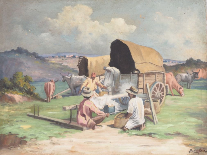 RANDRIA.  "Campement de bouviers malgaches" Huile sur toile, sigée en 
