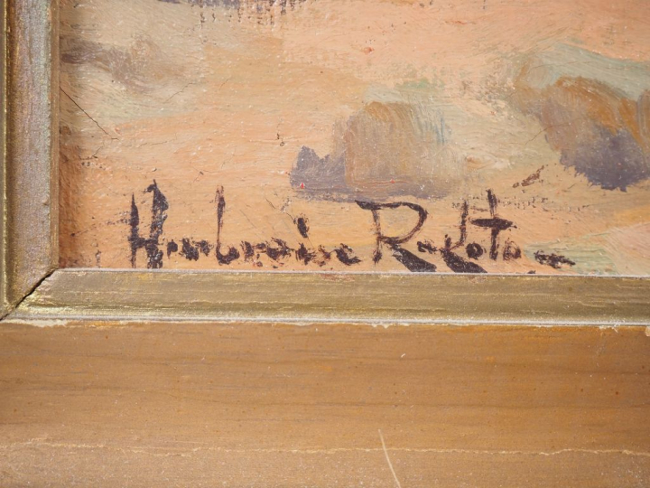 Ambroise RAKOTO. "village malgache animé" Huile sur toile, signée en b