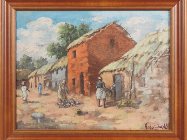 Ambroise RAKOTO. "village malgache animé" Huile sur toile, signée en b