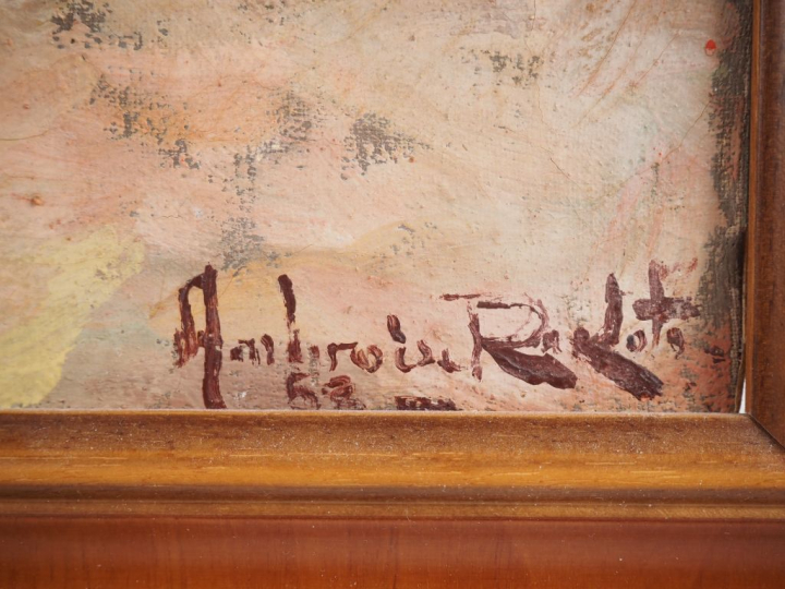 Ambroise RAKOTO. "village malgache animé" Huile sur toile, signée en b