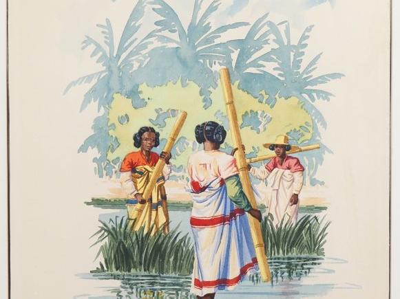 Gilbert RAKOTO.  "jeunes malgaches dans le marais" Aquarelle, signée e