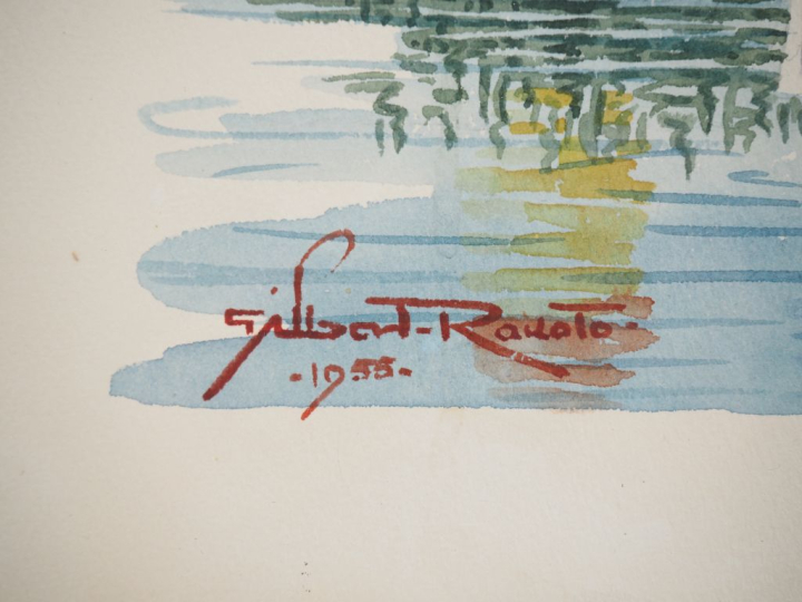Gilbert RAKOTO.  "jeunes malgaches dans le marais" Aquarelle, signée e