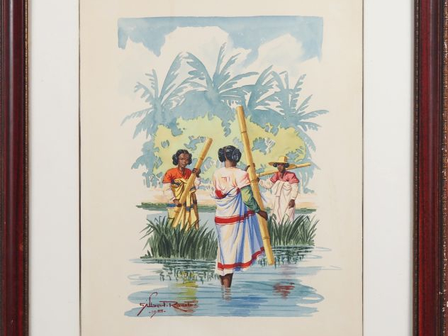 Gilbert RAKOTO.  "jeunes malgaches dans le marais" Aquarelle, signée e