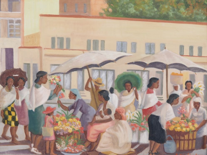 Alfred RAZAFINJOHANY.  "le marché aux fleurs" Huile sur toile, signée 
