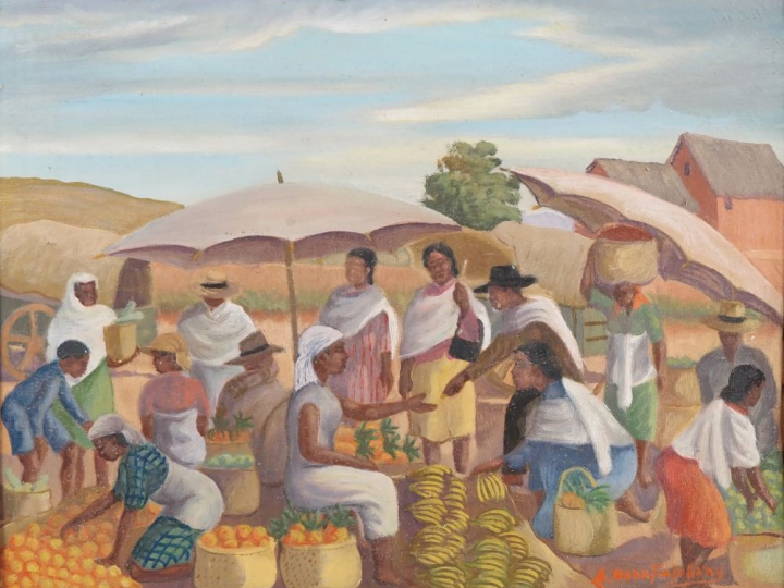 Alfred RAZAFINJOHANY. "le marché aux fruits" Huile sur toile, signée e