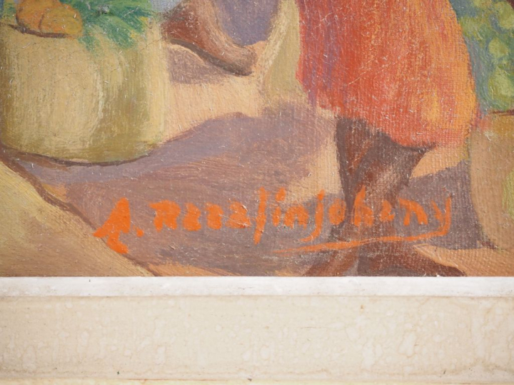 Alfred RAZAFINJOHANY. "le marché aux fruits" Huile sur toile, signée e