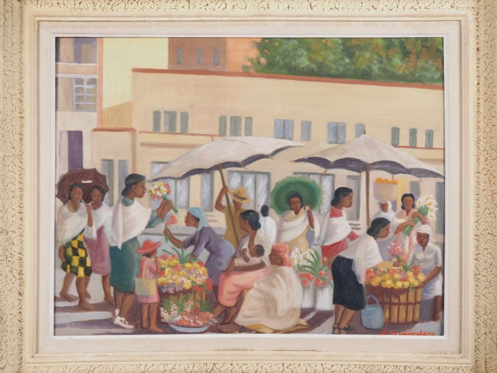 Alfred RAZAFINJOHANY. "le marché aux fruits" Huile sur toile, signée e