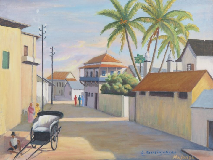 Alfred RAZAFINJOHANY.  "le village" Huile sur toile, signée en bas à d