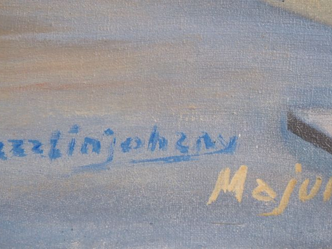 Alfred RAZAFINJOHANY.  "le village" Huile sur toile, signée en bas à d