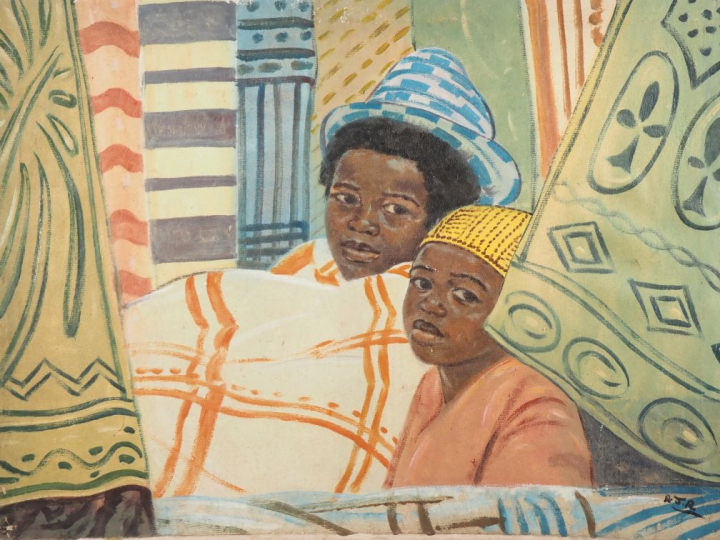 Ecole malgache monogrammée R. J.R "les deux enfants" Huile sur toile, 
