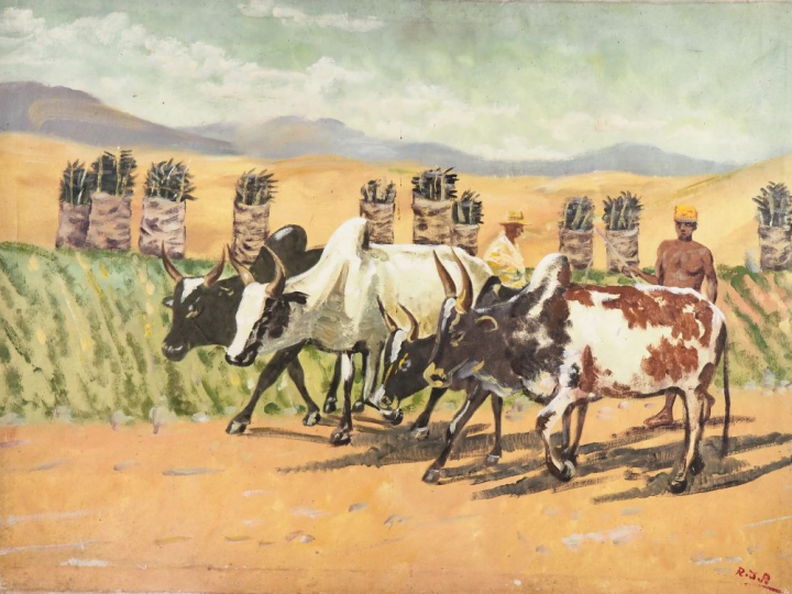 Ecole malgache monogrammée R. J.R "le troupeau de Zebus" Huile sur toi