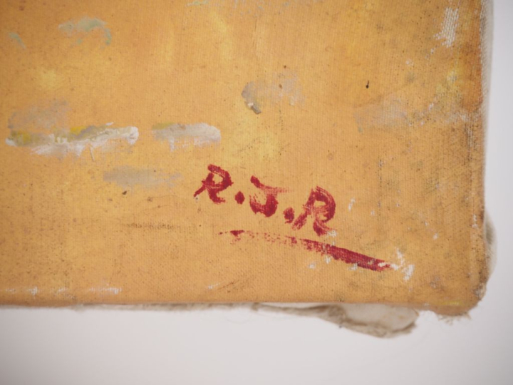 Ecole malgache monogrammée R. J.R "le troupeau de Zebus" Huile sur toi