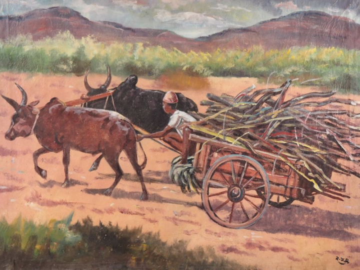 Ecole malgache monogrammée R. J.R "Attelage de zébus"  Huile sur toile