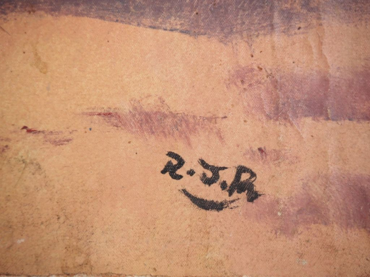 Ecole malgache monogrammée R. J.R "Attelage de zébus"  Huile sur toile