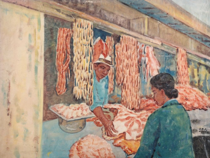 Ecole malgache monogrammée R. J.R "chez le marchand"  Huile sur toile,