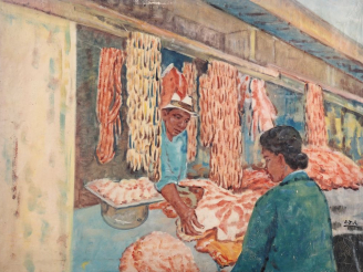 Vente aux enchères Ecole malgache monogrammée R. J.R "chez le marchand"  Huile sur toile,