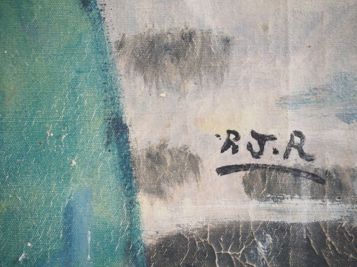 Ecole malgache monogrammée R. J.R "chez le marchand"  Huile sur toile,