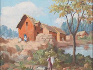 Vente aux enchères Ambroise RAKOTO.  "Paysage lacustre animé à Madagascar" Huile sur pann