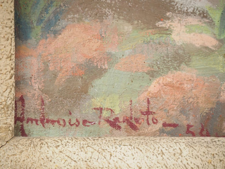 Ambroise RAKOTO.  "Paysage lacustre animé à Madagascar" Huile sur pann