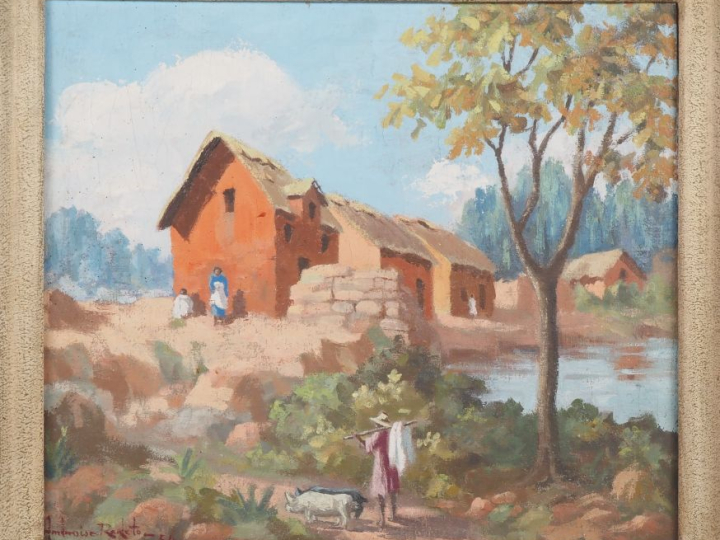 Ambroise RAKOTO.  "Paysage lacustre animé à Madagascar" Huile sur pann