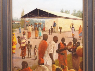 Vente aux enchères W. HUNTER.  "Marché à Madagascar" Huile sur carton, signée en bas à ga