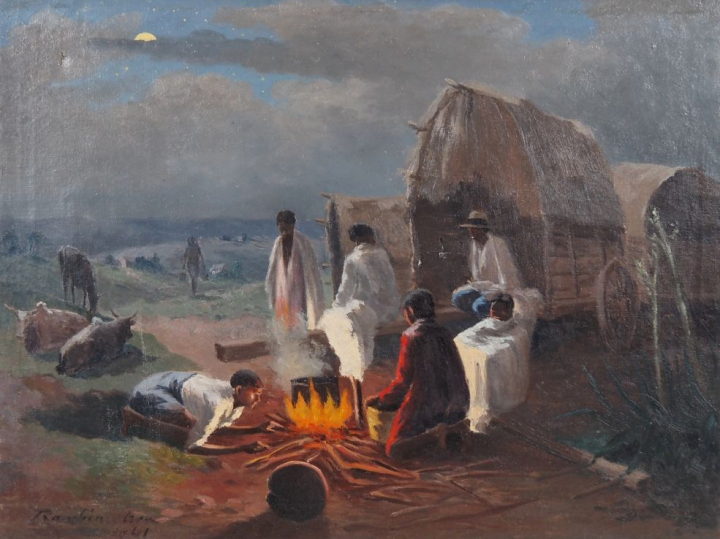 Jean RAMBININTSOA. "Campement de bergers à Madagascar" Huile sur toile