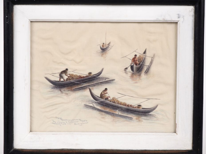 Joseph RAMANA. "Les pirogues à balancier"  Aquarelle sur soie, signée 