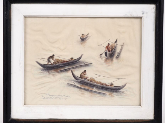 Vente aux enchères Joseph RAMANA. "Les pirogues à balancier"  Aquarelle sur soie, signée 