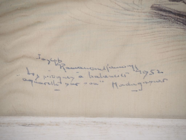 Joseph RAMANA. "Les pirogues à balancier"  Aquarelle sur soie, signée 