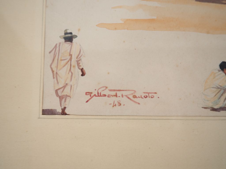 Gilbert RAKOTO.  "Etude de personnages" Paire d'aquarelles, signées en