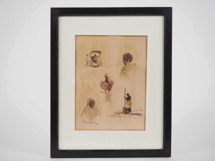 Joseph RAMANANKAMONJY.  "Etude de personnages"  Aquarelle signée en ba